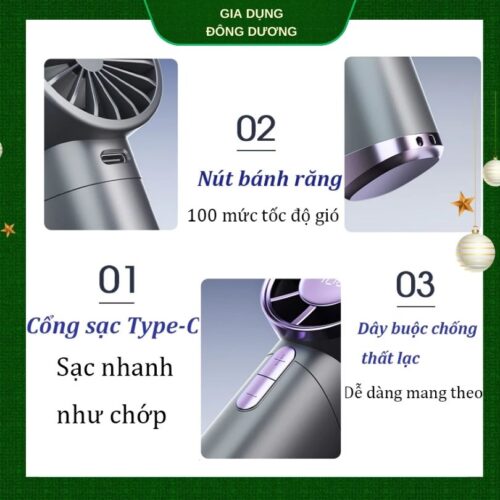 Quạt Tích Điện Cầm Tay Turbo 100 Cấp Độ Gió Mạnh Dùng 2 - 3 Tiếng Liên Tục - Hình ảnh 5
